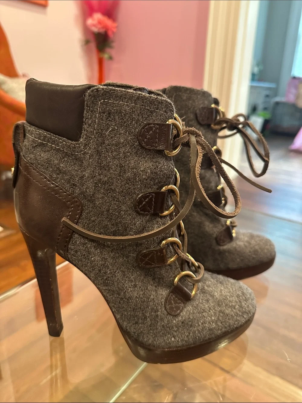 Tory Burch Lawson Dark Brown Leather & Gray Wool Lace-Up Stiletto Ankle Boots
